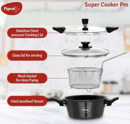 Pigeon Hard Anodised All in One Super Cooker Pro 3 litre with Pressure Cooker Outer Lid, Glass lid and Deep Frying Basket (14941) - Black - Image 2